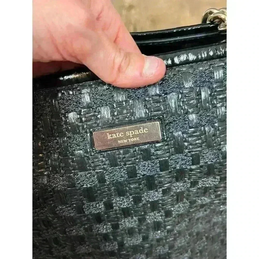 Kate Spade Woven Shoulder Bag Gold Tone Chain Satchel Black 10X16 Large